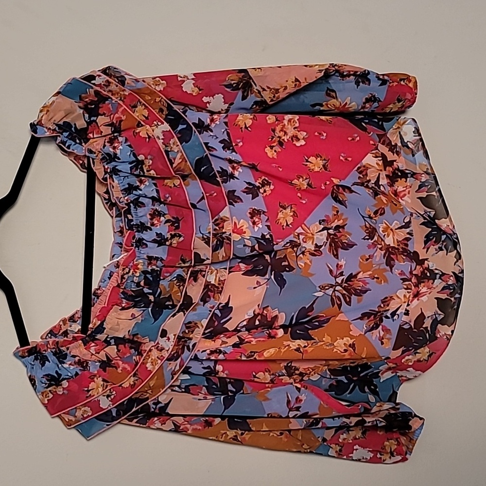 Bar III Colorful Off Shoulder Top Sz L Floral Ruffled Sheer Lined